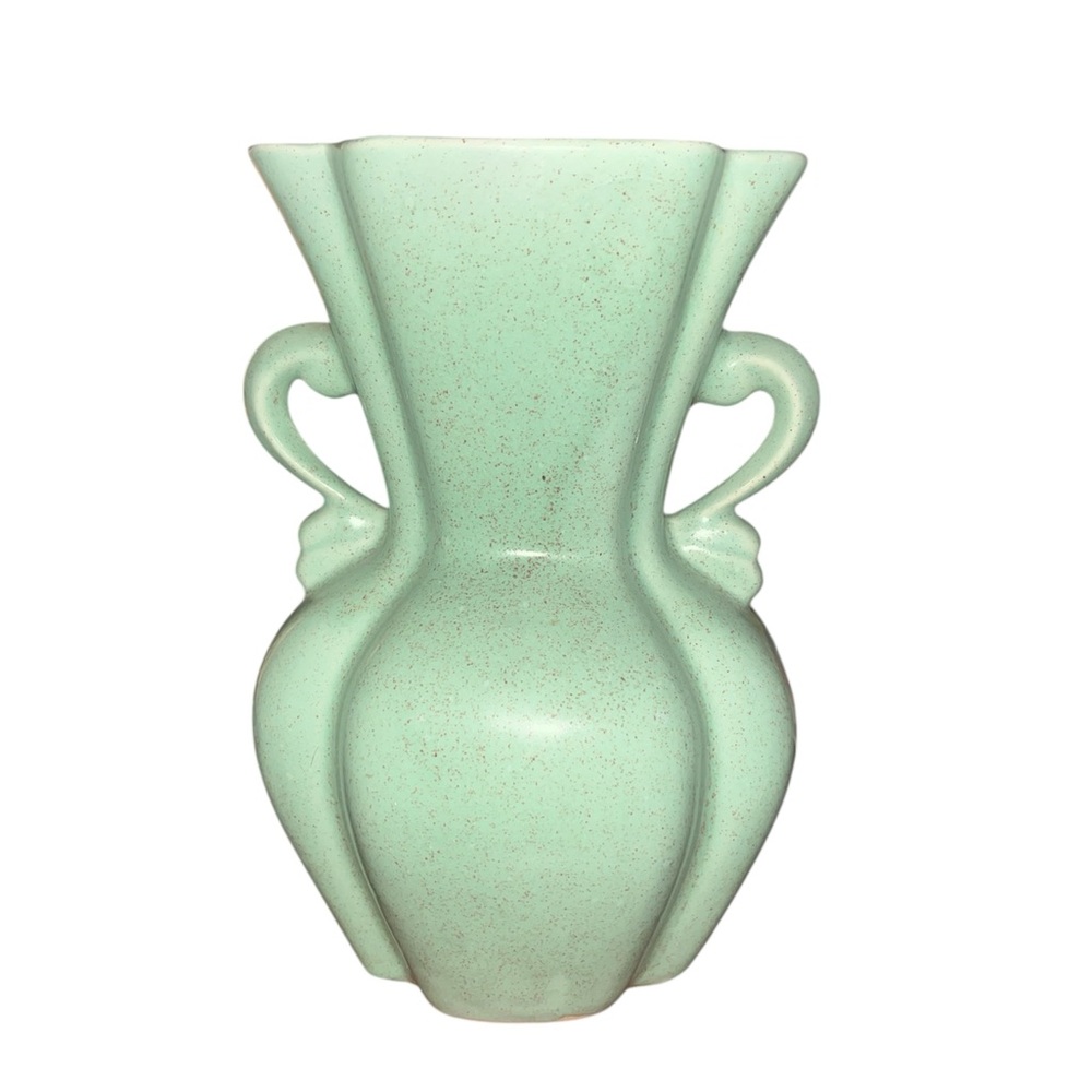 Vintage USA 504 Brush McCoy Pottery Double Handled Green Speckled Glazed Vase
